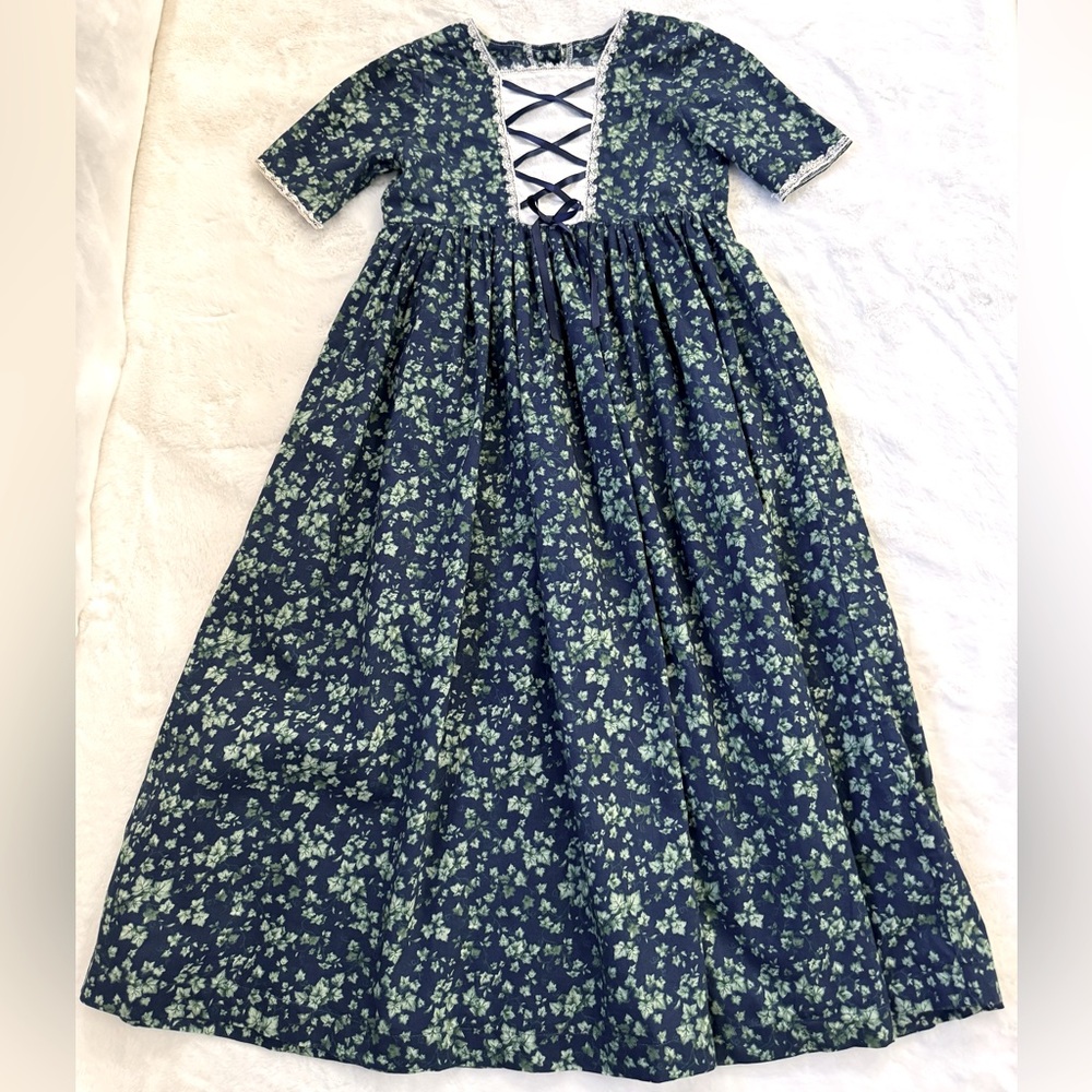 Homemade Floral Pioneer or German Dress, Blue & Green